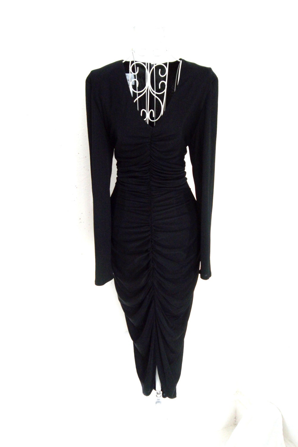 Vintage 80s bustle  Ruched fish tail low neck Pin up burlesque wiggle dress 12  10