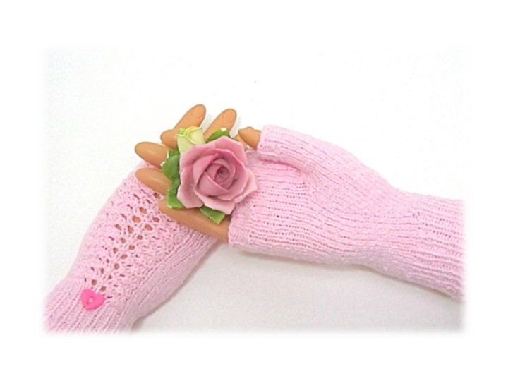 Fingerless Gloves PINK Stretch Cotton Lacy pastel pinks snug  massaging fit with sample glove wash included