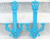 Ornate Peacock Blue Double Wall Sconce Set Large