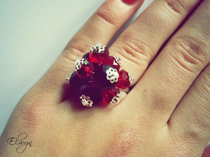Black Red Ring - Cluster, Crystal, Bridesmaid GIft, Bouquet, Oversized, Cocktail Ring
