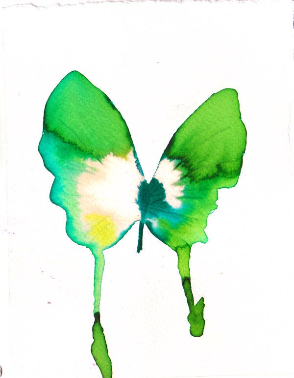 bright green butterfly with yellow and white. original watercolor painting