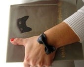 Black bow bracelet - Black bow tie leather cuff - Black chain bracelet - Cute bow bracelet - Leather jewelry
