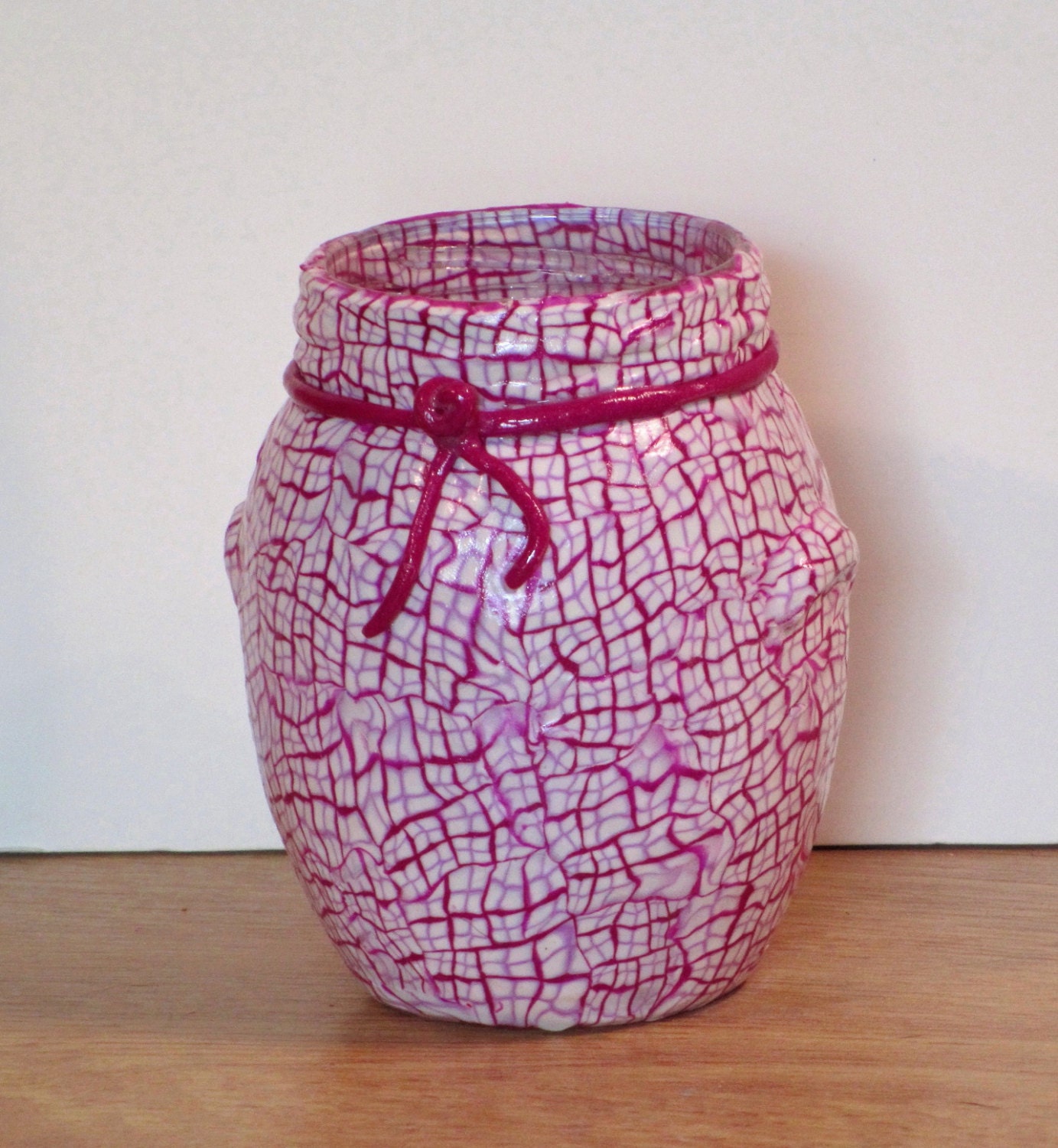Purple and lilac plaid  polymer clay over glass Vase