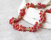 Berry red necklace Rustic Natural linen jewelry Crochet necklace with red glass beads Summer fashion Gift for her Free shipping