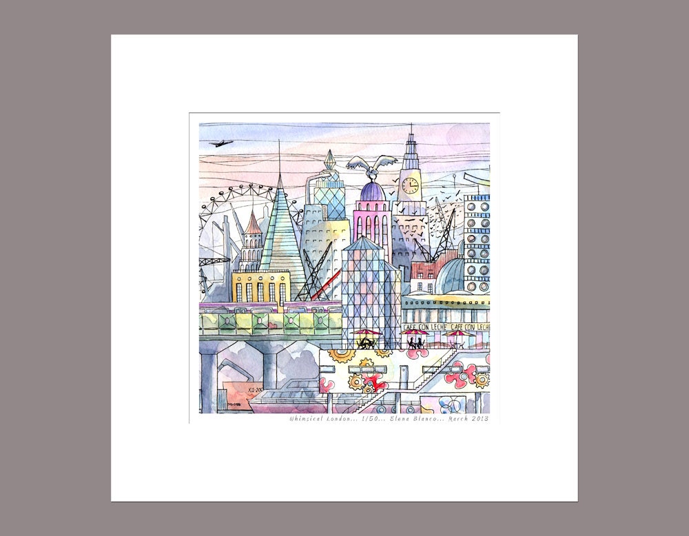 London watercolor. Watercolor illustration. Limited edition mounted print. Square print. Urban landscape. Wall art print. Contemporary art.