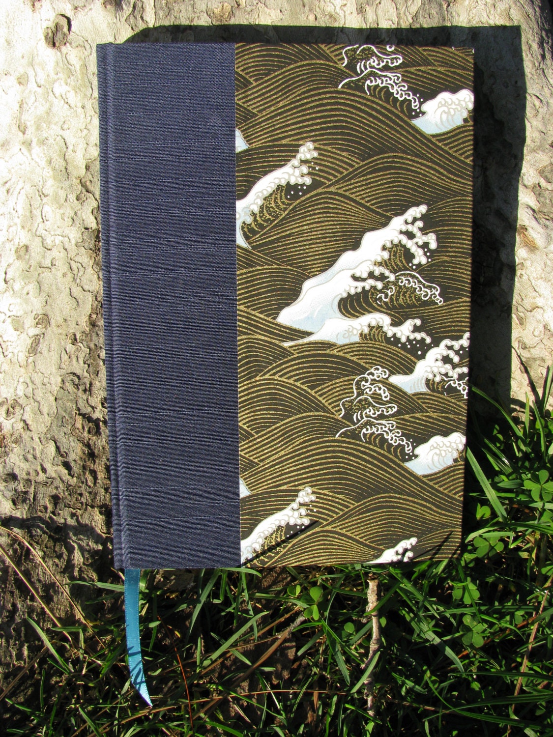 Handmade Blank Journal/Sketchbook - Gold Waves in  Black and Blue Sea