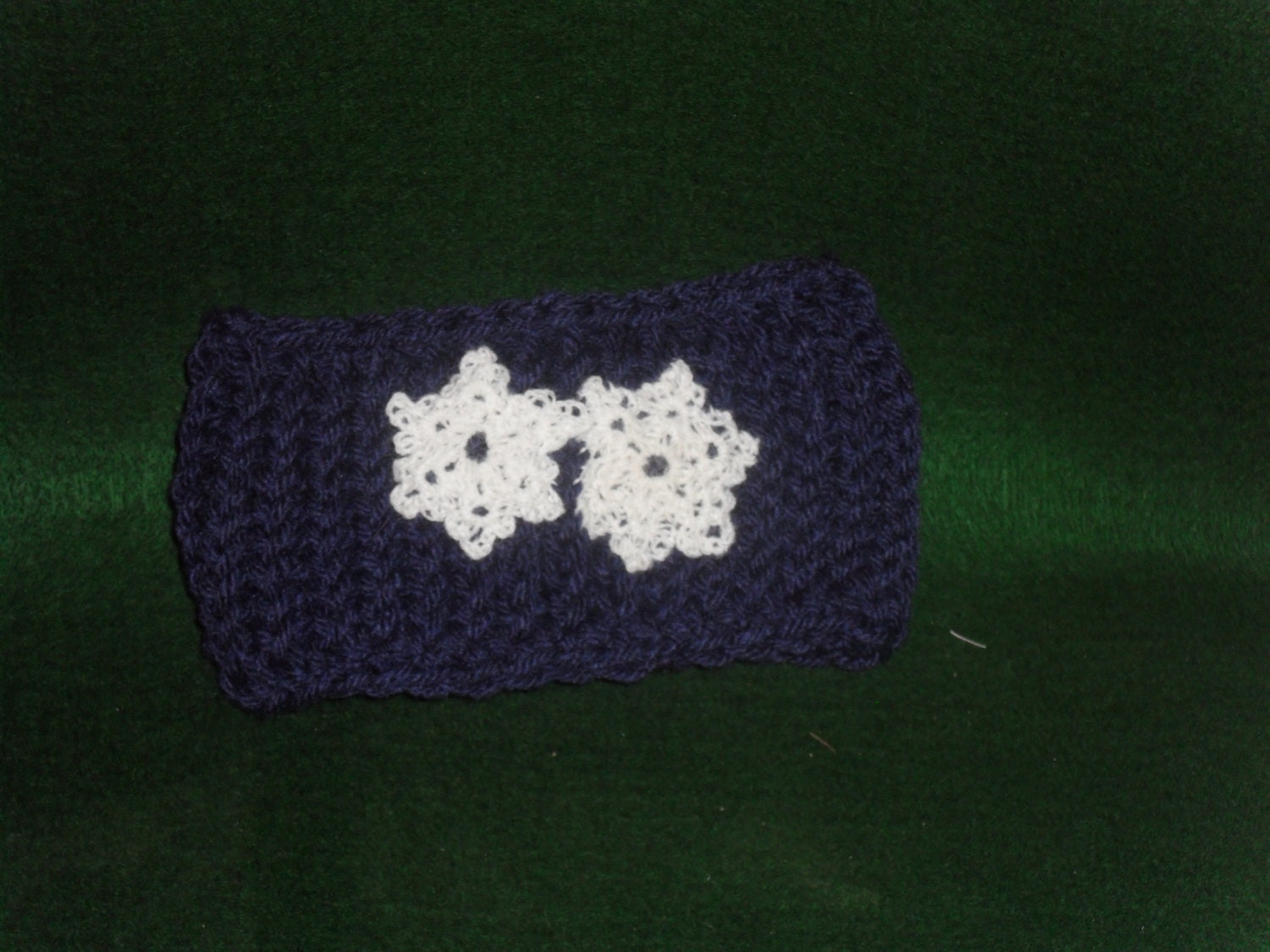 Blue Knit Headband with 2 Hand Crocheted  Snowflake Accents. Winter Themed Headband. Great Gifts Idea.