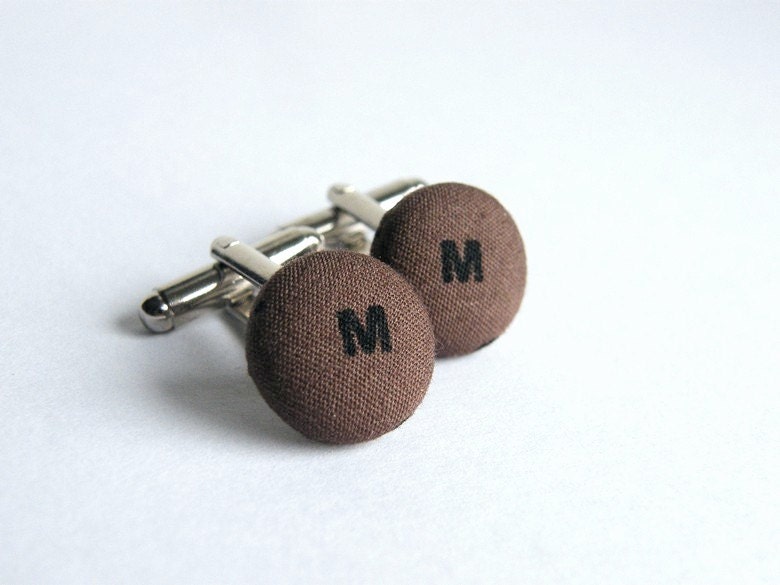 Coffee Brown Initial Cufflinks, Cuff Links, Personalized Fabric Button Cufflinks, Letter Button, Men Accessories, Brown Fabric Button - JoannaBizu