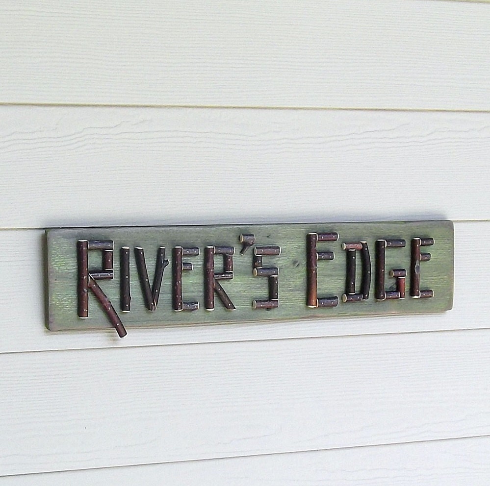 Rustic River Sign, Real Twig Letters, Lime Green Sign, Cabin Sign, Camp Sign, Sticks, Branches, Primitive Wood Sign, River's Edge
