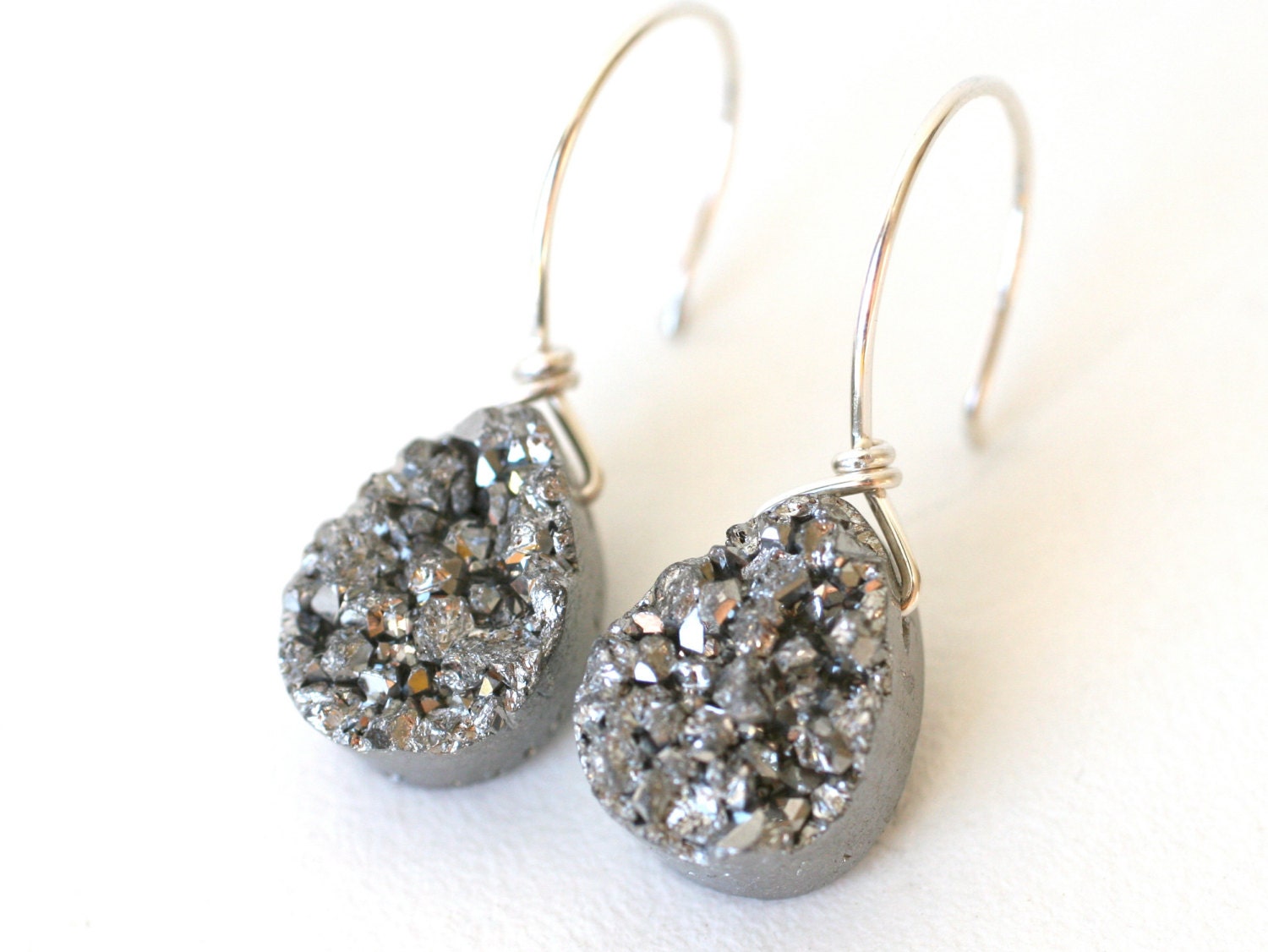 Grey Metallic Druzy Quartz Teardrop Dangle Earrings Wire Wrapped Sterling Silver- Ready to Ship, Gift for Her