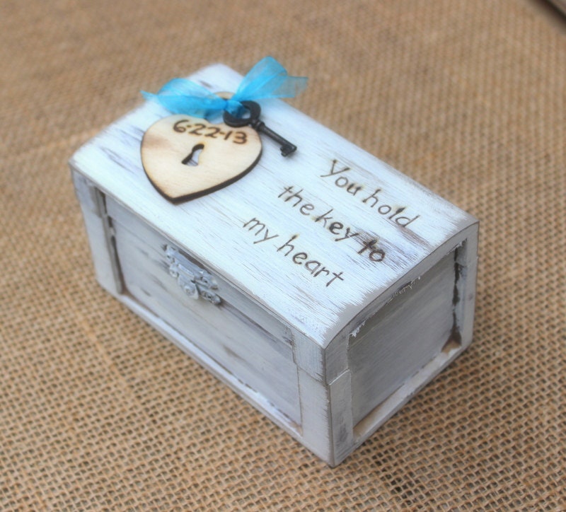 Ring Bearer Box Rustic Wedding Shabby Chic Personalized Wood Heart and Key (Your Color Choice)