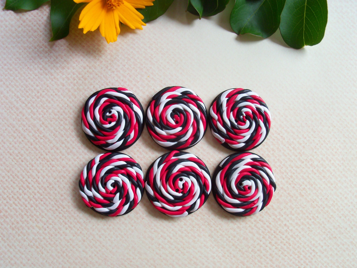Polymer Clay Buttons, set of 6, 1 inch buttons, black white red swirled design