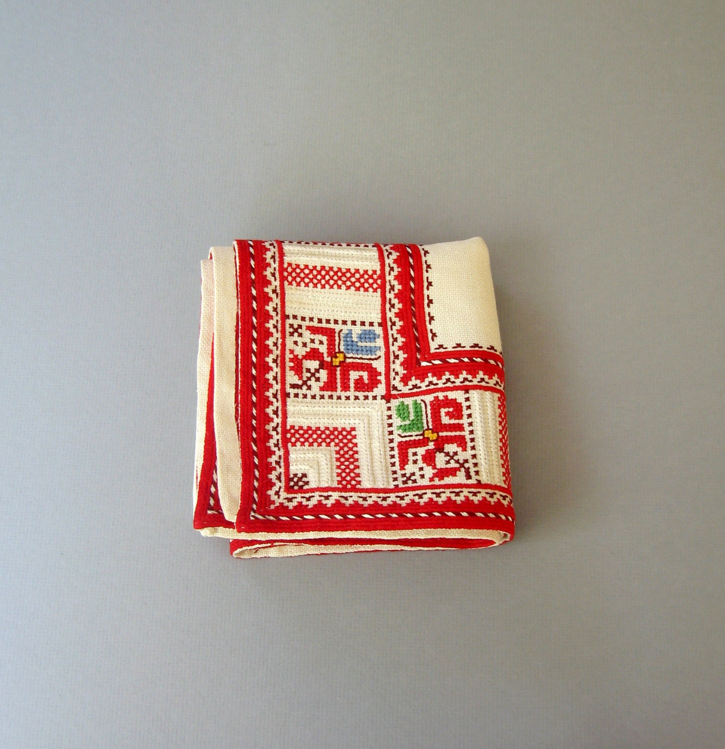 Vintage Tablecloth - European Red / White Embroidered / Cross Stich