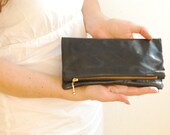 Small Black Australian Lamb Leather Bag.  Foldover Clutch.