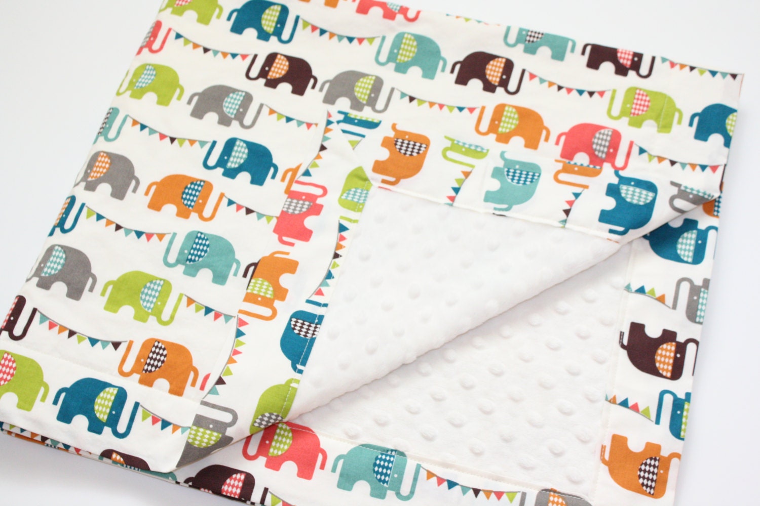Minky Baby Blanket - Elephun from Birch Organic Fabric Safari Soiree collctions with Choice of Minky Dot (30 X 32)