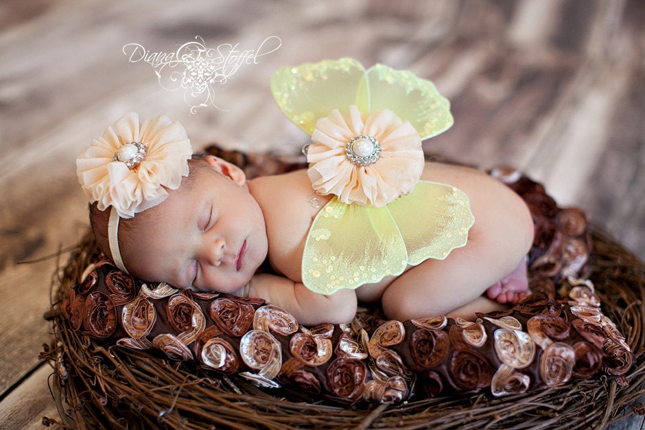 Butterfly wings newborn baby girls photo prop yellow and cream fabric flowers pearls headband included