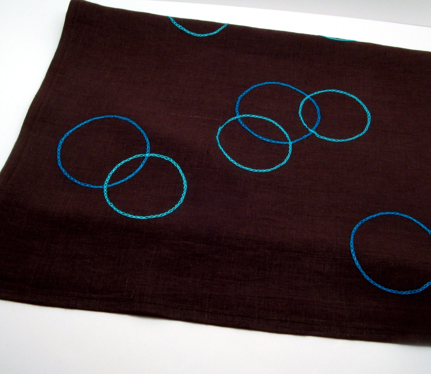 Brown Linen Table Runner, Hand Embroidery Table Mat, Turquoise Blue Circles, 54 Inches