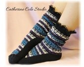 SLIPPER Socks Nordic ski sweater lace socks BLACK SS1 Super thick sole great for hiking walking skiing made in usa CatherineCole Studio