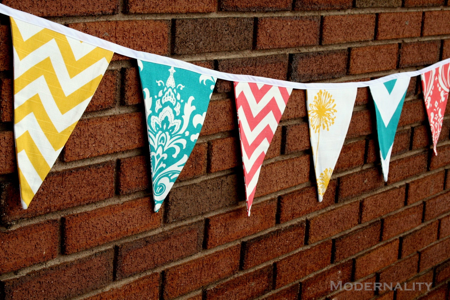 Fabric Bunting Banner- Yellow, Turquoise, and Coral Pennant Flags- Party Decoration or Photo Prop