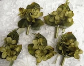 Set of (5) Hydrangea Groom Wedding Boutonniere. Handwrapped stems. Austrian Crystal accents. Red Purple Olive Green Beige