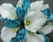 21 Piece White Turquoise Wedding Calla Bouquet Set. REAL TOUCH Lilies with crystals.(1) Bride Bouquet (3) Bridesmaid (6) Corsage (10) Bouts