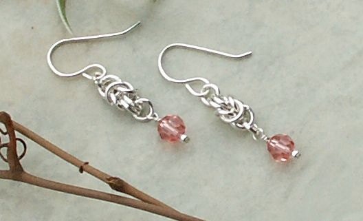 Handmade Rose Peach colored Swarovski Crystal Sterling Silver Dangle Earrings