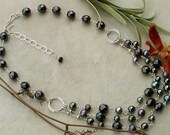 Handmade Hematite Czech Glass & Freshwater Pearl Sterling Silver 3 Strand Necklace
