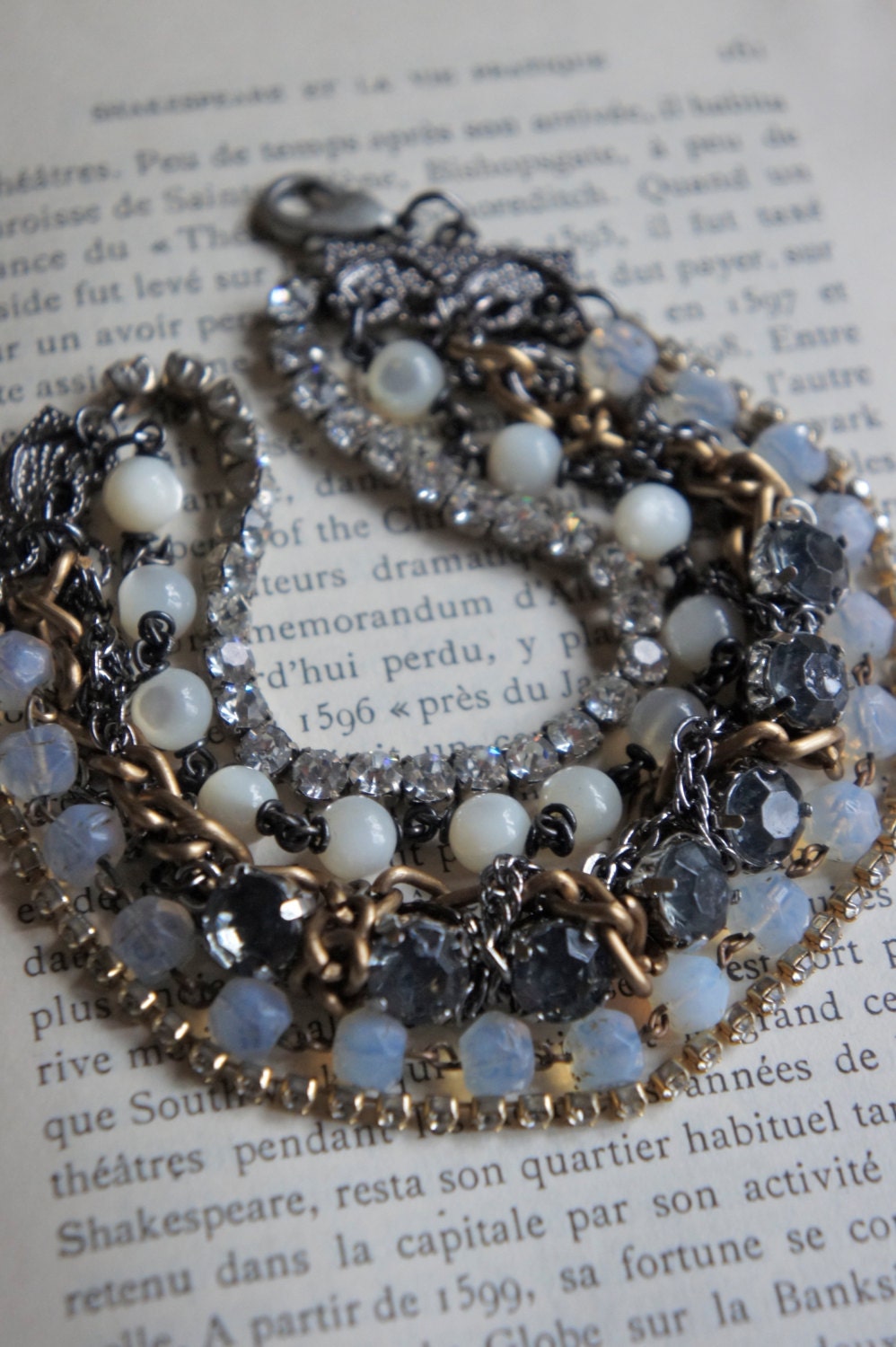 Vintage assemblage bracelet rhinestones french rosary beads multi strand assemblage jewelry - by French Feather Designs