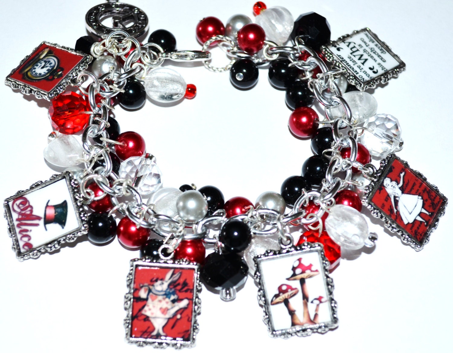 ALICE IN WONDERLAND Charm Bracelet Altered Art Handmade Free2BDesigns Ready to Ship Red Black Silver