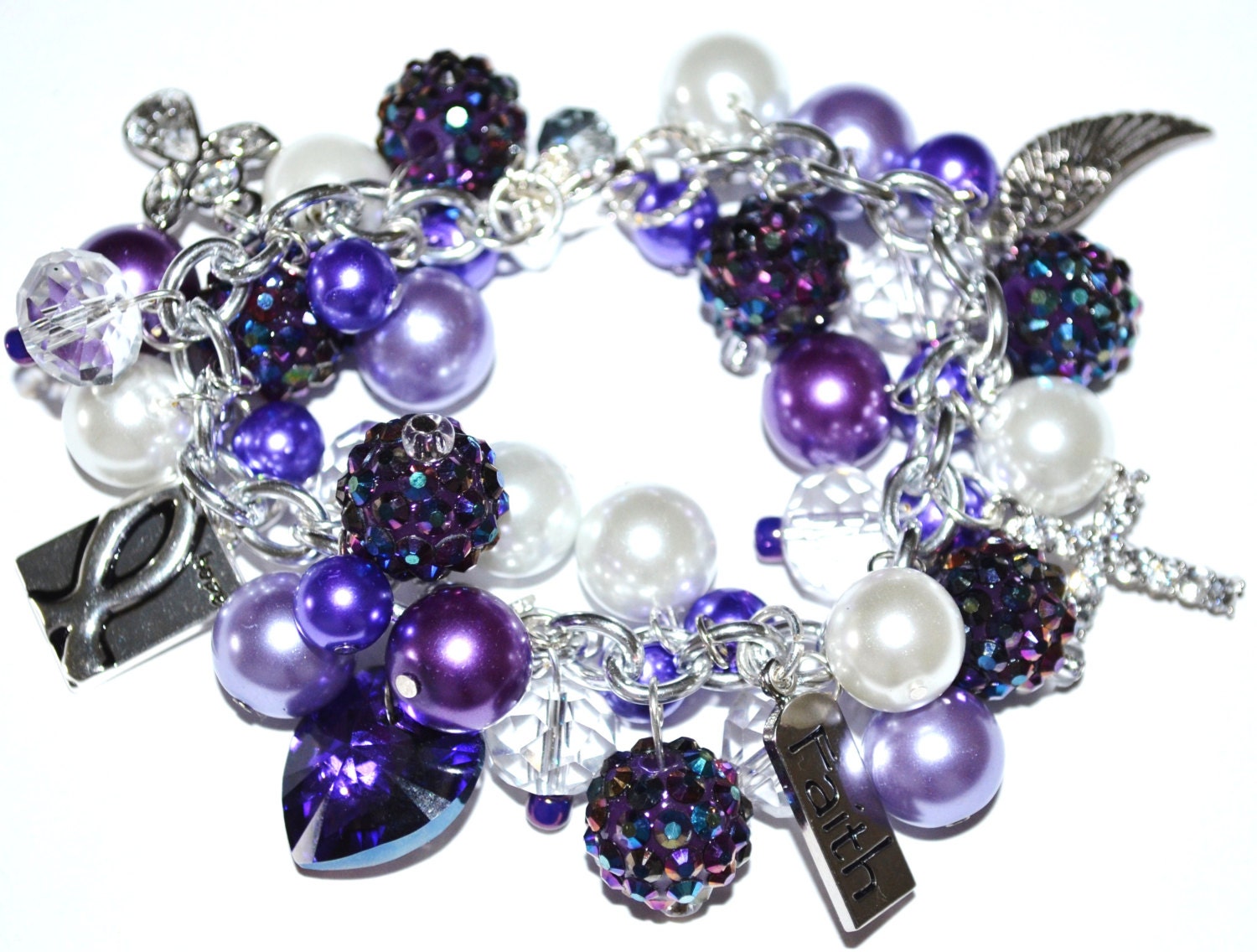 CANCER ALZHEIMER'S Adoption AWARENESS Purple Ribbon Charm Bracelet Handmade Free2BDesigns Ready to Ship Purple White Animal Abuse