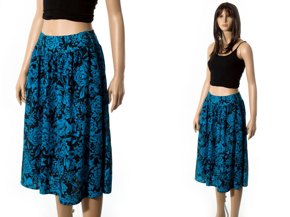 Vintage neon blue and black floral midi skirt