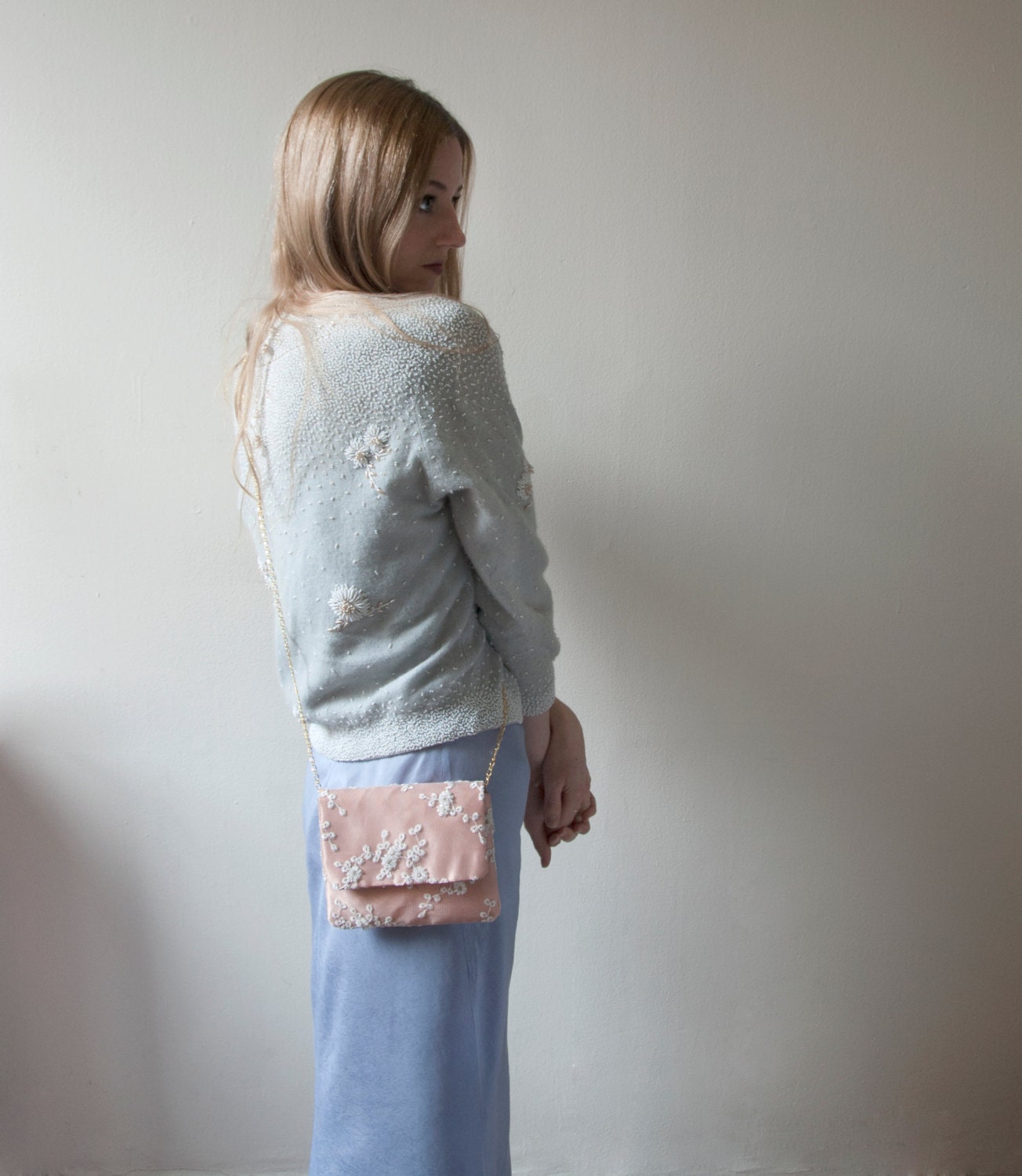 PEACH Beaded Shoulder Bag. Pink Embroidered Wedding Purse. Small Shoulder Bag.
