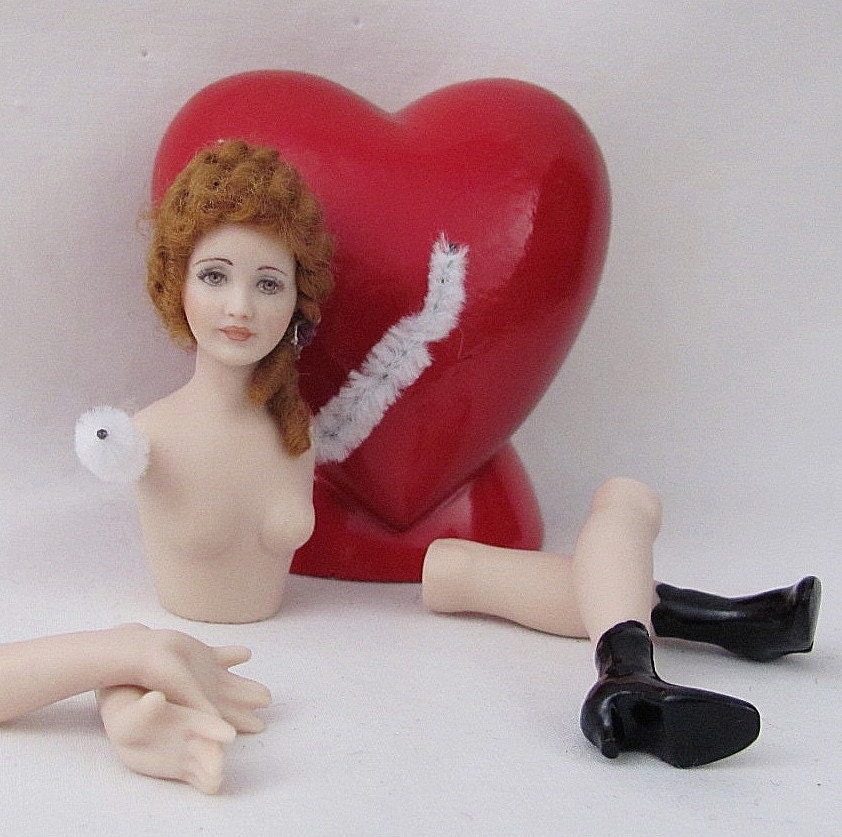 Vintage Hand Painted (Abigail) Porcelain Doll Head and Torso with Mohair - Arms and Legs - Doll Parts - Supplies