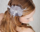Grey Bridal Headpiece Hair Flower, Gray Bridal Fascinator, Wedding Head piece, Birdcage Veil Bow - Made to Order - TANYA GREY