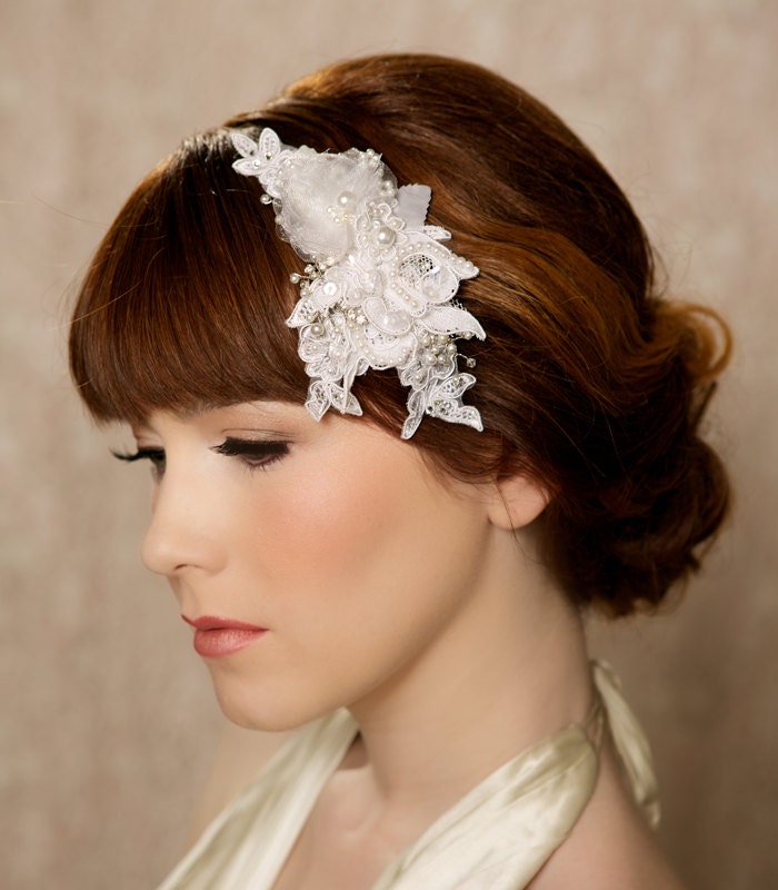 White bridal headpiece, lace wedding head piece, lace hair comb, bridal fascinator, crystal hair comb - Ready to Ship - LINA