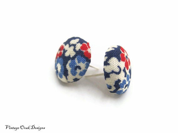 Liberty Flower Patriotic Studs,  Patriotic fabric button earrings, flower studs, summer fashion, Memorial Day Studs, 4th of July Earrings