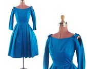 Vintage 1950's JONNY HERBERT Blue Peek-a-Boo Bow Party Prom Dress S