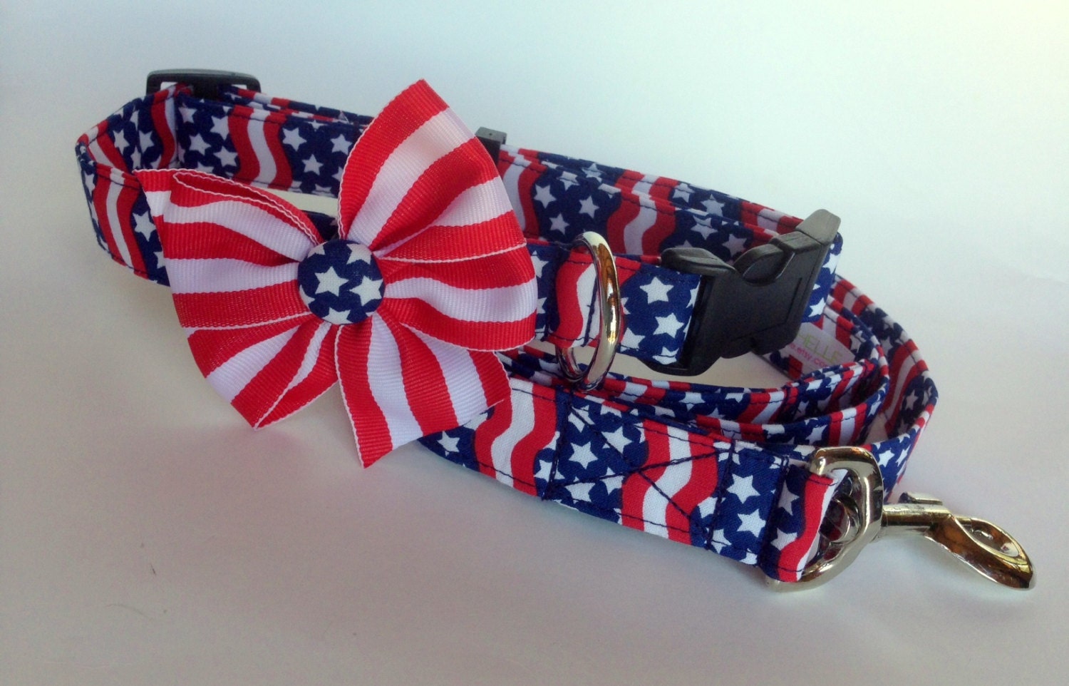 Patriotic Stripes Red White Blue Bow Dog Collar and Leash size Large