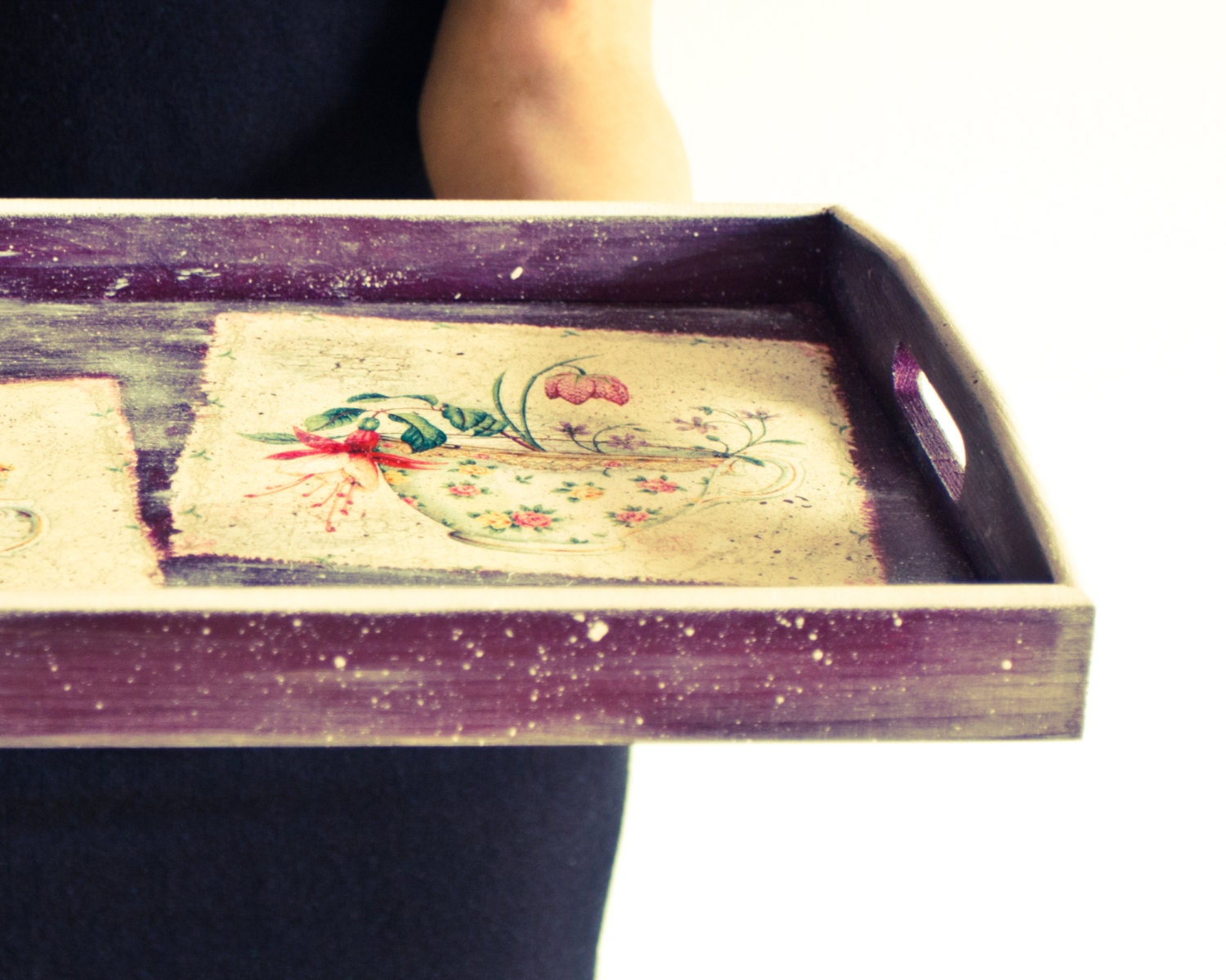 Rustic Serving Tray, Spring Flowers Wooden Tray, Purple Spring Home Decor, Hostess gift, Mother's day ohtteam