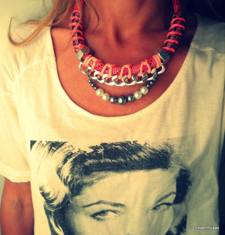 Neon Pink Rope Necklace-Braided Silver Chunky Chain- Pearl Choker Statement Necklace
