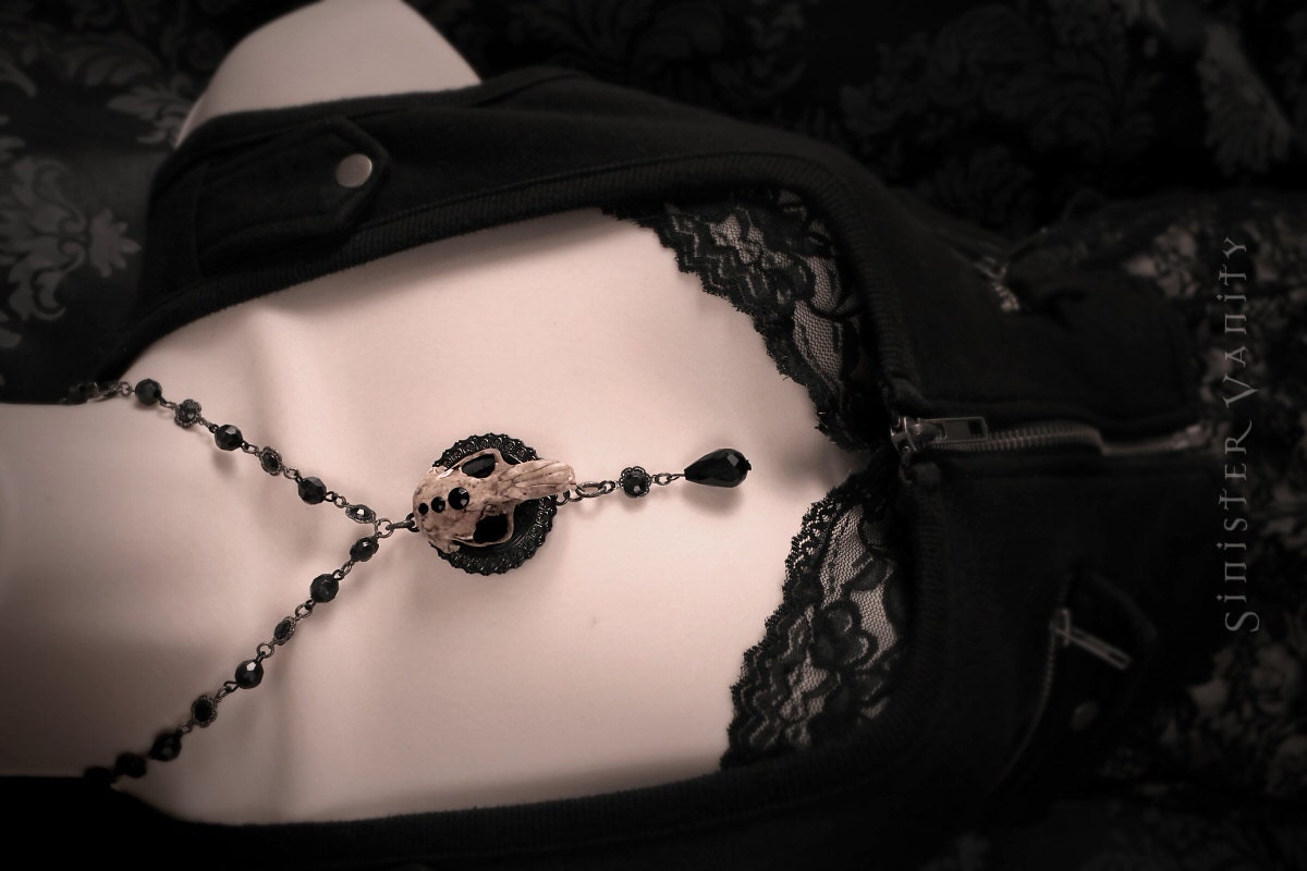 Gothic Necklace Skull Necklace Beaded Black Rosary Jewelry