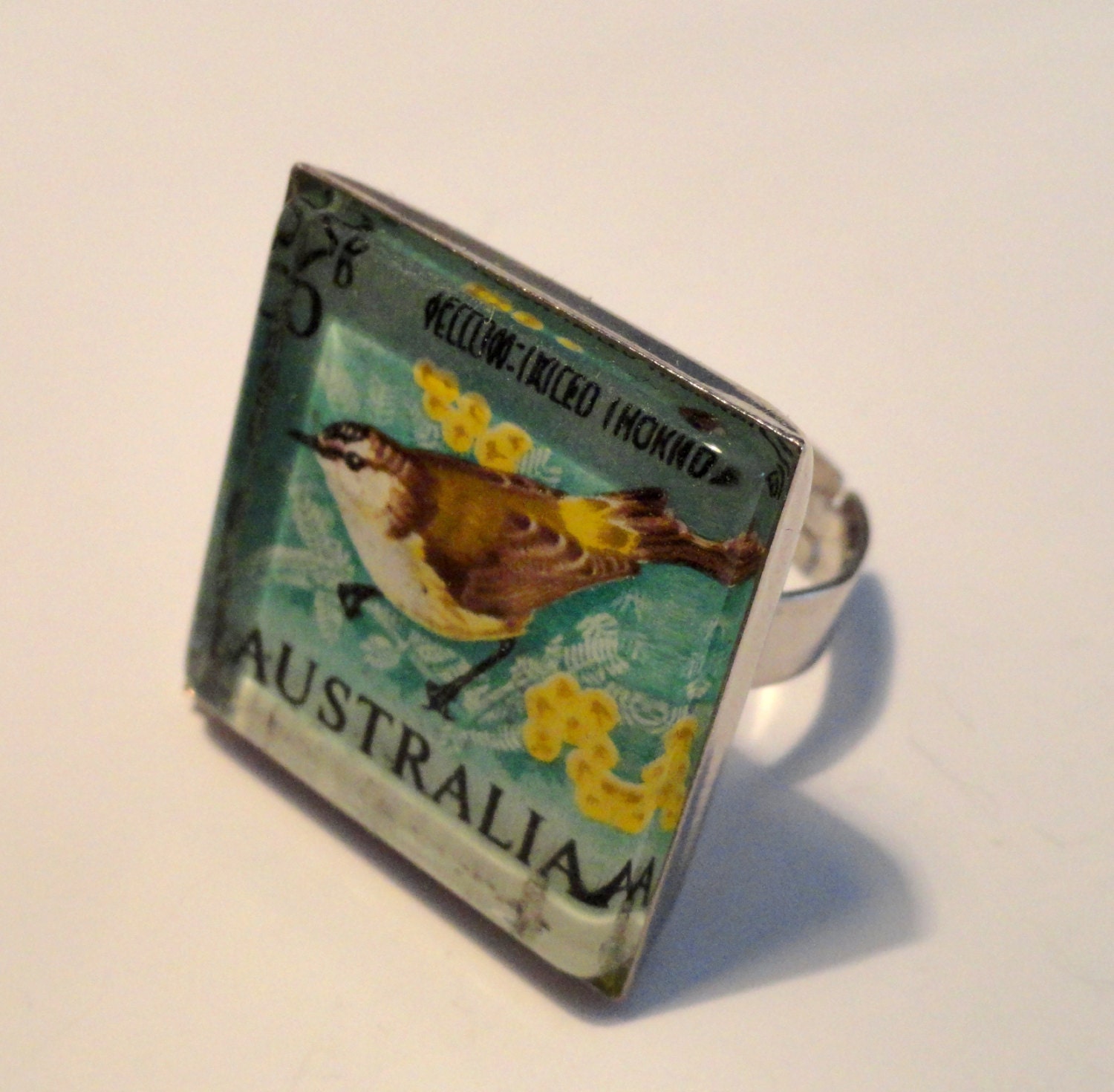 Vintage Turquoise Yellow Tailed Thornbill Bird Australian Centenary Postage Stamp Square Silver Toned Adjustable Ring Jewellery Jewelry