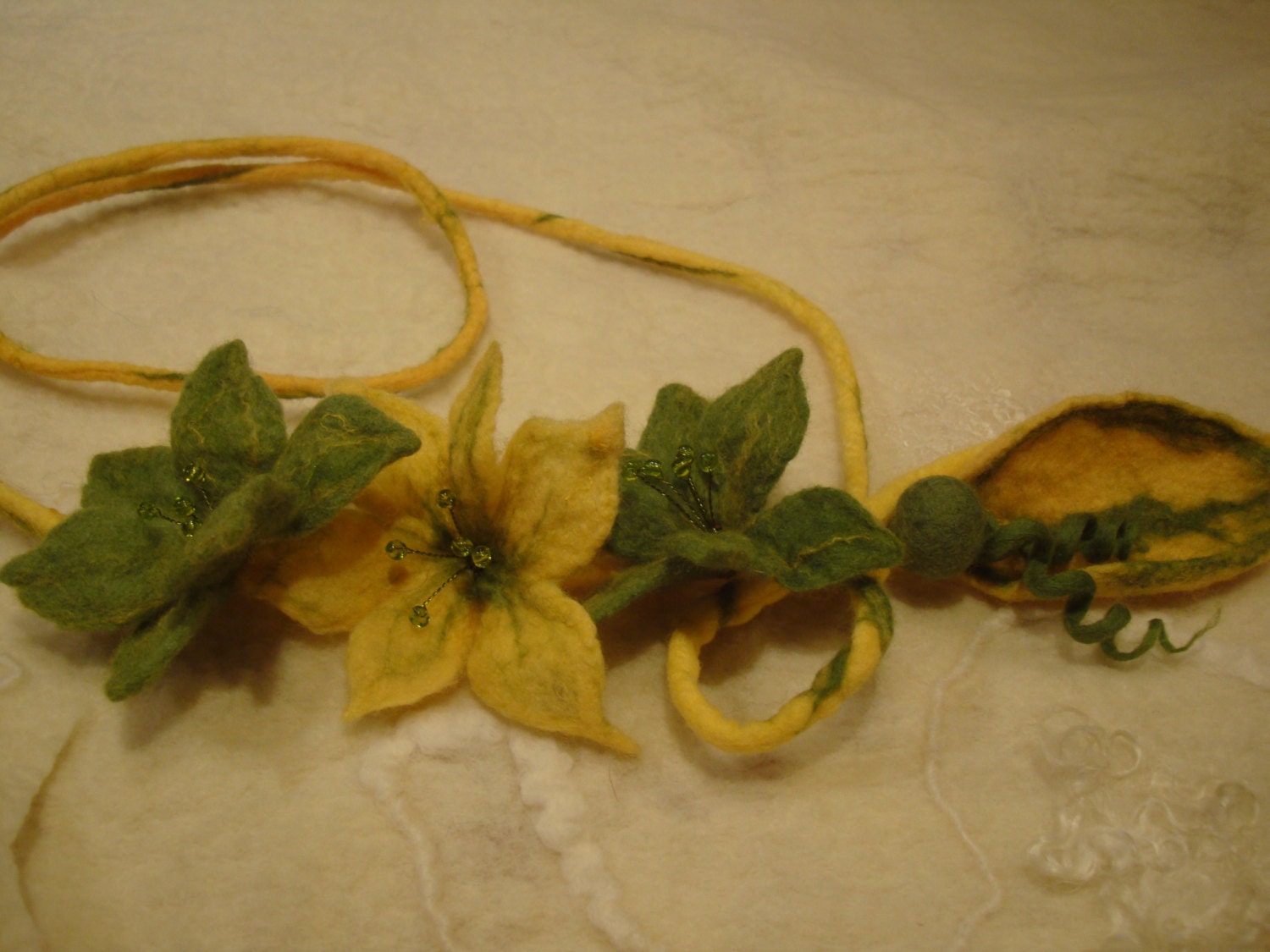 Yellow green felt necklace handmade ,Yellow green woman accessory with spring flowers