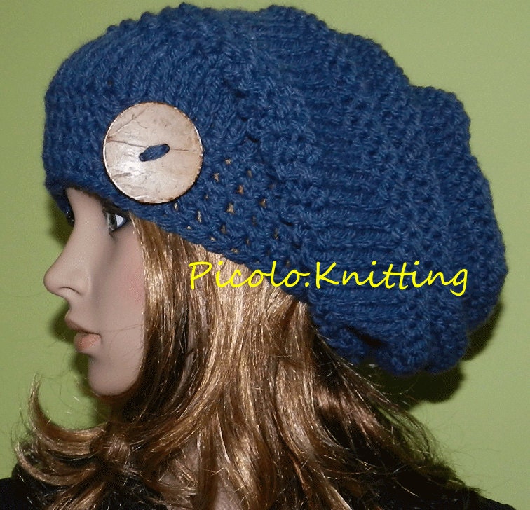 Denim Blue  Hand Knit Slouchy HIPPIE Hat, Teen Slouchy Chunky Big Beanie, Slouch Hat, Boho Cap, Hippie Hat with big button Wool/Acrylic
