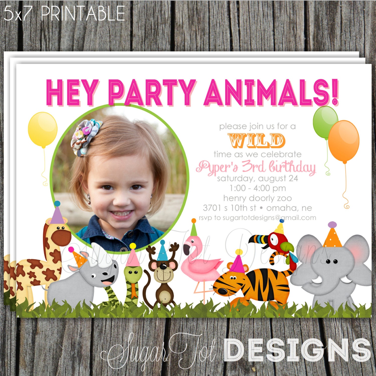 Zoo Birthday Party Invitation, Safari Invitation, Jungle Themed Invite, Wild Animal,  Neon, Bright Colored Girl Invitation - PRINTABLE