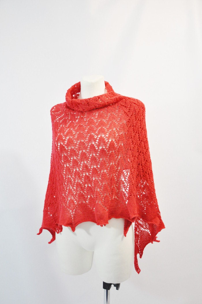 Tulips in red - red hand knit  lace shawl, stole, scarf