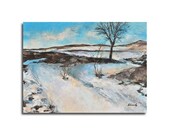 Original landscape painting - contemporary oil winter landscape - blue, grey, beige, brown, white - Ready to Hang - 11,8" x 15,7"
