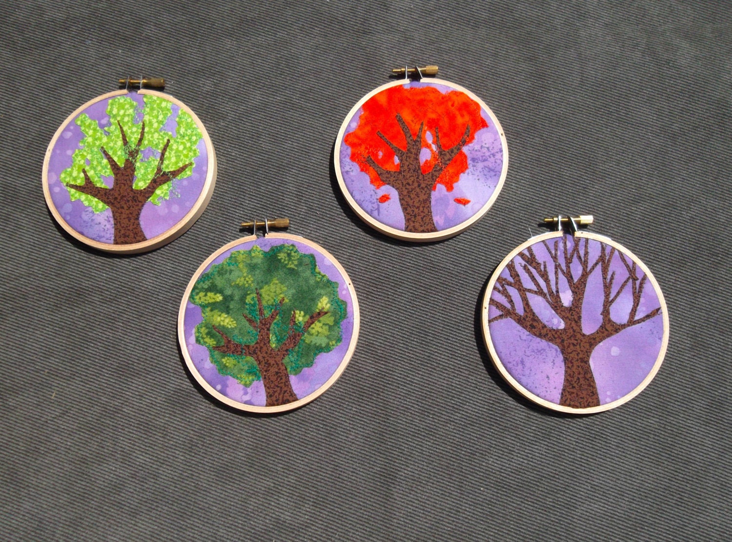 Mini Hoops, "Four Seasons with Lavender Sky," Set of 4, recycled fabric art, mounted in 4 inch embroidery hoops, OOAK, ready to hang