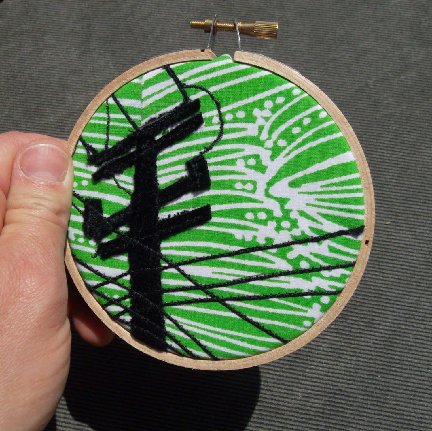 Mini Hoop, "Telephone Pole with Green Lasers," OOAK, recycled fabric art, mounted in 4 inch hoop, ready to hang