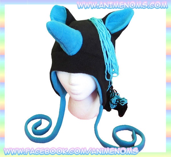 Blue Shadow Unicorn Hat - Fleece Aviator Ears Flaps Ties Fantasy Pony Black Horn Kawaii Cute Rave Clothing Cosplay Adult Teen Child